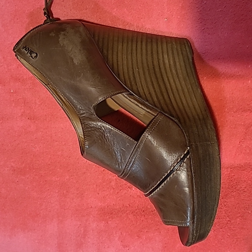 Chloe Stacked Heel Leather Wedges w Peep Toe Shoes Size  38.5  US 8.5